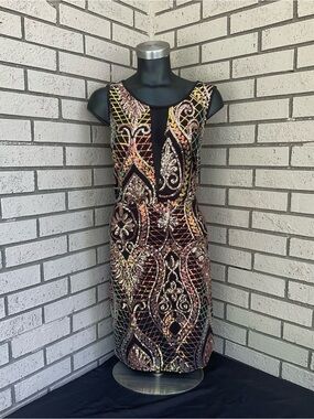 Haute Monde Black Midi Dress with Multicolor Sequin Embellishment
